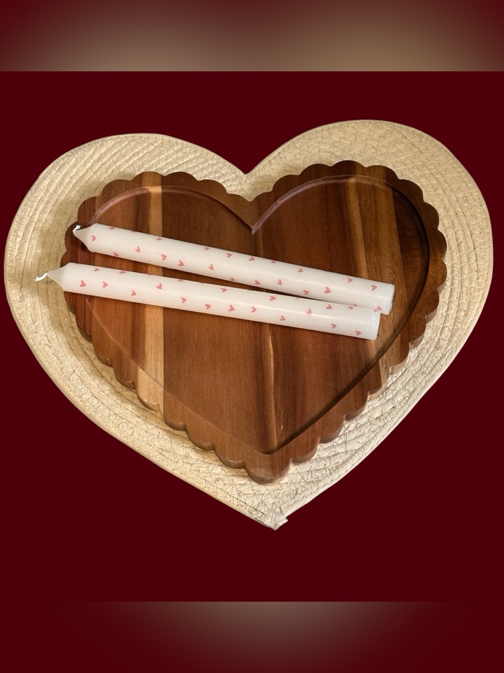 Heart Home Decor/White Taper Candles. Wooden tray. Jute placemat. NWOT.